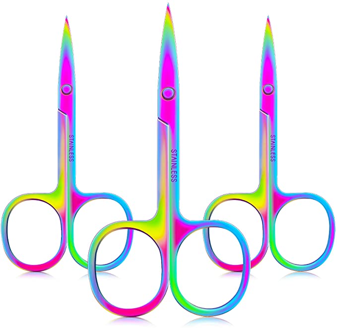 3 Pieces Curved Nail Scissors Stainless Steel Small Nail Scissors Nose Hair Scissors Facial Hair Scissors Cuticle Trimmer Manicure Scissors for Eyebrows, Nose, Mustache, Beard and Nails (Mixed Color)