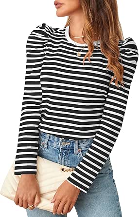 MEROKEETY Women's Puff Long Sleeve Striped Tops Crew Neck 2024 Fall Casual Knit Basic Tee Shirts