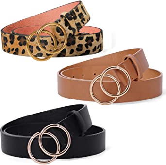3 Pack Double Ring Belt for Women, Faux Leather Jeans Belts with Golden Circle Buckle