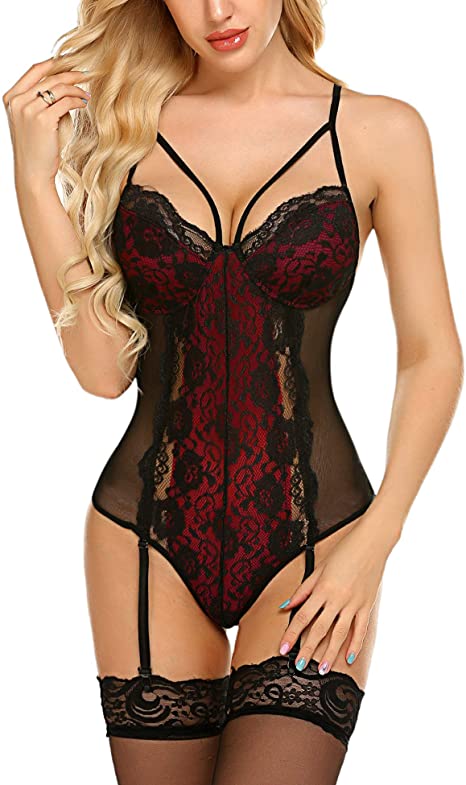 Avidlove Garter Lingerie For Women Sexy Lace Teddy Chemise One Piece Bodysuit