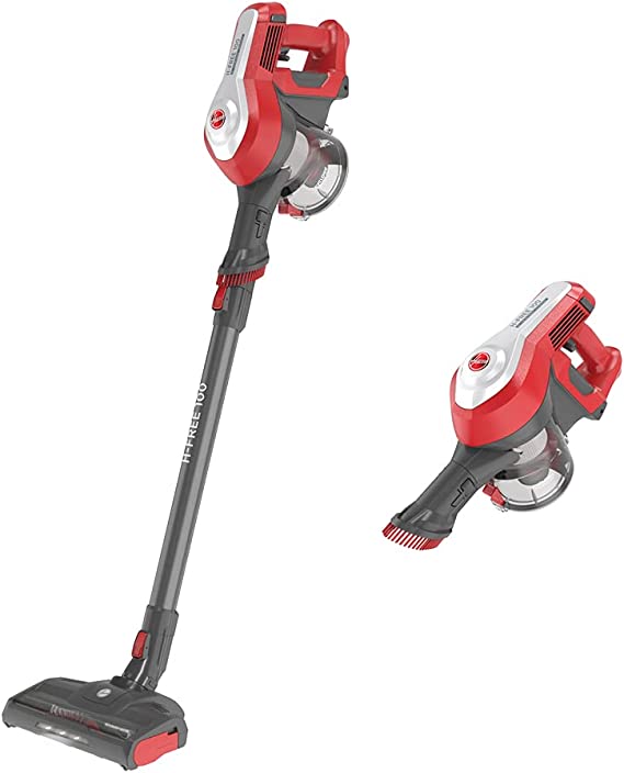 Hoover 39400928 HF122RH 011 Cordless Broom Vacuum Cleaner, Cyclonic System, 0.9L, Removable 22V Lithium Battery, 40min, 2 Speed, Silver / Red