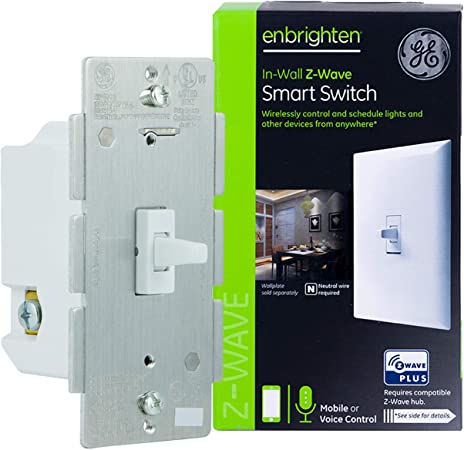 GE Enbrighten Z-Wave Plus Smart Toggle Light Switch, On/Off Control, in-Wall, Built-in Repeater/Range Extender, Zwave Hub Required, Works with SmartThings Wink and Alexa, 14292, White