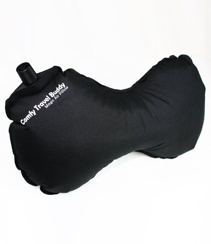 Comfy Travel Buddy Travel Air Pillow for Car, Airplane, Bus, Train, Home Use and Office Use, Black - Best Neck and Lumbar Support. Free Premium Quality Eye Mask Kit Plus 2 Sets of Ear Plugs.