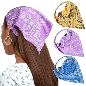 AWAYTR Floral Elastic Hair Scarf Headband - 3 PCS Chiffon Head Kerchief Headband Print Floral Hair Scarves with Hair Clips Kerchief Head Scarf Hair Bandanas for Women (Paisley(Purple/Blue/Ginger))