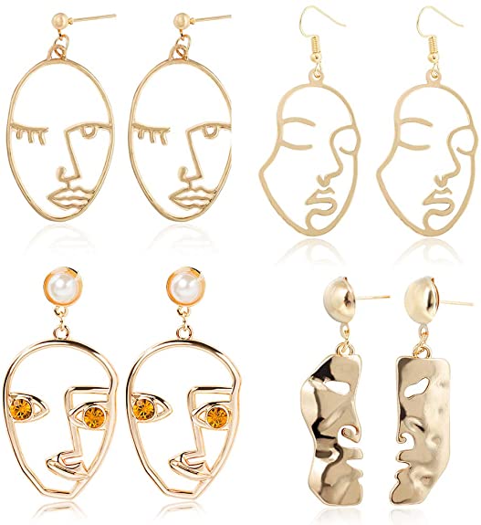 GIMEFIVE Face Earrings Gold Statement Earrings - 4 Pair Vintage Hypoallergenic Dangle Stud Earrings for Girls Teens Women