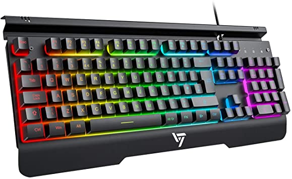 Gaming Keyboard UK【RGB & Metallic】VictSing Wired Gaming Keyboard with 104 Bright & Quiet RGB Backlit Keys, Metal Frame and Mobile Phone Holder for pc computer etc. Ideal for Gamers