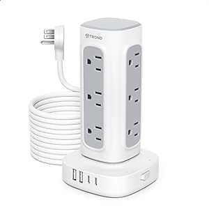 TROND Surge Protector Power Bar Tower with 2 USB C, 15ft Long Extension Cord, 12 Outlets 4 USB Ports, Flat Plug Vertical Power Strip, Desktop Charging Station for Home Office Dorm Room Essentials