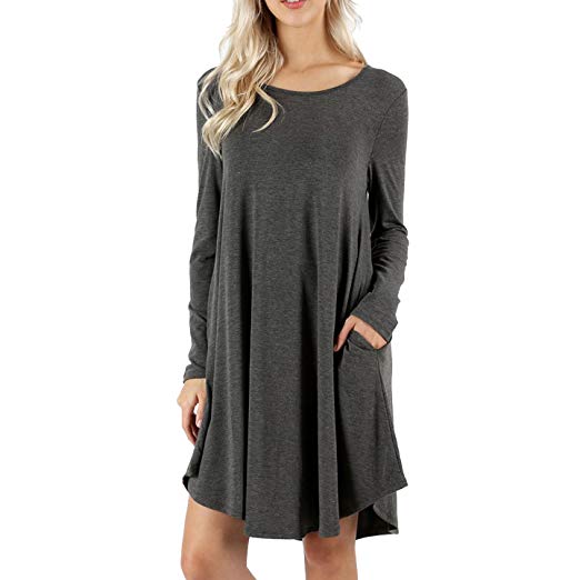 Riverberry Premium Long Sleeve Round Hem A-Line Dress with Side Pockets