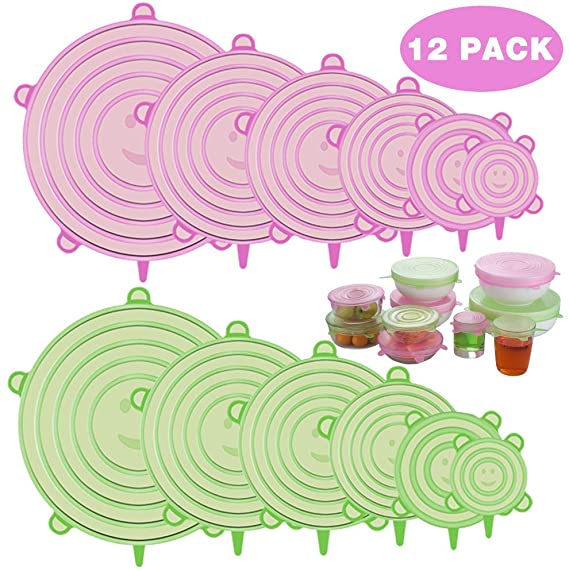 Newdora Silicone Stretch Lids 12 Pack Silicone Food Covers Expandable Shape for Various Containers Dishes Bowls Cans Reusable Food Saving Cover for Using in Dishwasher Microwave and Freezer