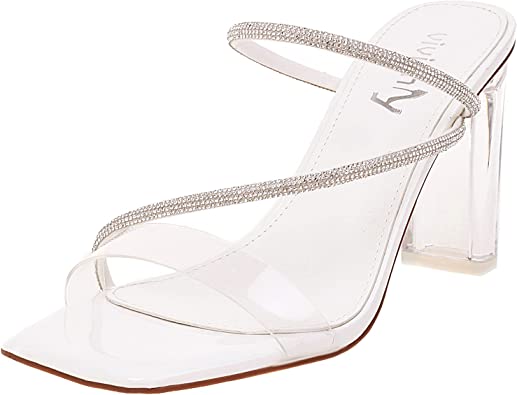 vivianly Womens Square Toe Clear Rhinestone Strappy Heeled Sandals Transparent Block High Heels Slides Slipper Wedding Dress