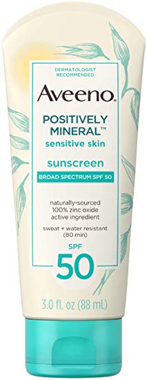 Aveeno Positively Mineral Sensitive Skin Daily Sunscreen Lotion with SPF 50 & 100% Zinc Oxide, Non-Greasy, Sweat- & Water-Resistant Sheer Sunscreen for Face & Body, TSA-Friendly Travel-Size, 3 fl. oz