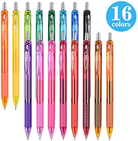 Gel Pens Set, 16 Colored Pens Retractable Gel Ink Medium Point Colorful Pens with Comfort Grip, Smooth Writing for Journal Notebook Planner in School Office Home by Smart Color Art