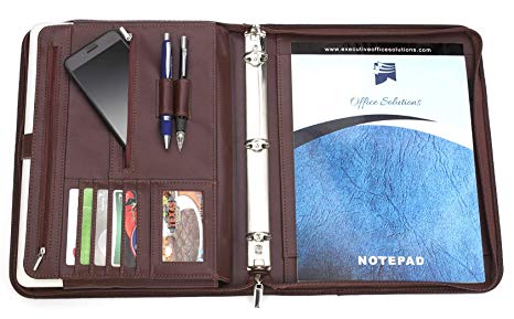 Professional Business Padfolio Portfolio Organizer Interview Folder with Notepad and Removable 3 Ring Binder, Card Slots, Multiple Zippered Pockets – Almond Brown Synthetic Leather
