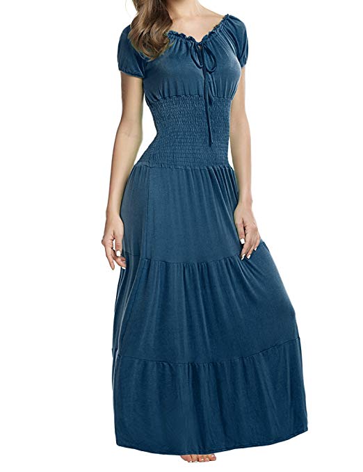 Beyove Women Boho Smocked Waist Cap Sleeve Tiered Renaissance Party Maxi Dress