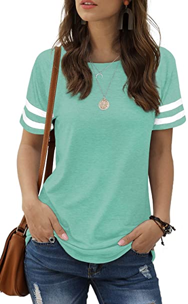 Sieanear Womens T Shirts Short Sleeve Striped Color Block Leopard Casual Tops