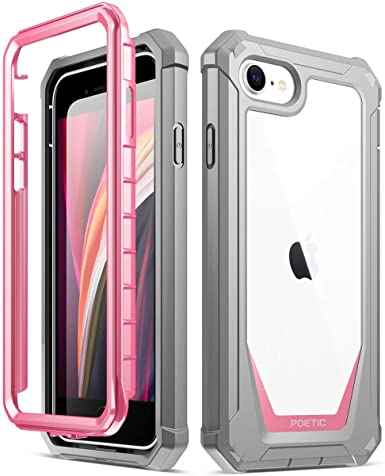 Poetic Guardian Designed Case for iPhone SE 2020 (2nd Gen), iPhone 8, iPhone 7, Full-Body Hybrid Shockproof Bumper Cover with Built-in-Screen Protector, Pink/Clear
