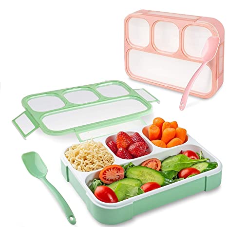 Bentgo Plastic Dieting Airtight Lunch/Tiffin Box Set 3 Compartment Tiffin with Handle & Push Lock for for Work, Camping, Picnic, School Kids & Office (Green)