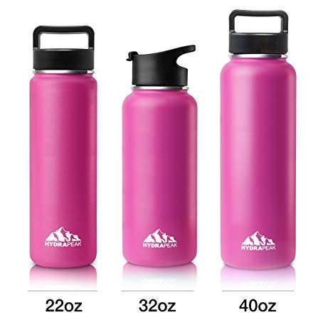 Hydrapeak Stainless Steel Water Bottle- 22oz Vacuum Insulated Wide Mouth, Double Walled, Flask with Handle Lid.