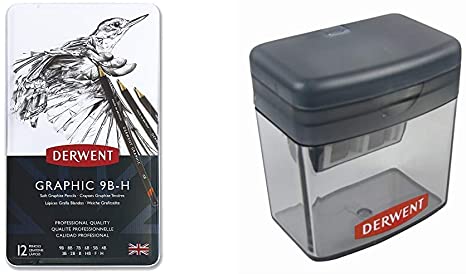Derwent 34215 Graphic Soft Graphite Drawing Pencils, Set of 12, Professional Quality, 34215, Black &2301930 Twin Hole Pencil Sharpener, Manual, Grey