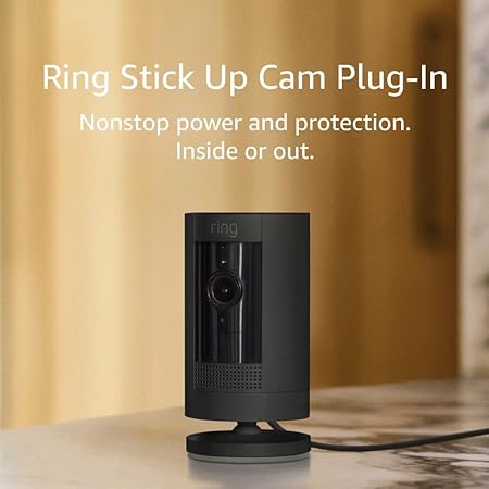 Ring Stick Up Cam Plug-In HD security camera with two-way talk, Works with Alexa - Black