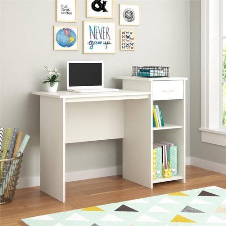 Stylish & Affordable Student Computer Homework Desk, Great for Dorms or Apartments, Features Drawer, Adjustable & Fixed Shelf, Great Assortment of Multiple Finishes & Colors! (White)