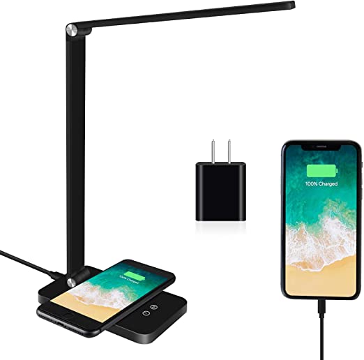 LED Desk Lamp, Desk lamp with Wireless Charger, USB Charging Port, Eye-Caring Desk Lamps for Home Office, 5 Lighting Modes and 3 Brightness Levels, Touch Table Lamp for Study, Work, Reading Light