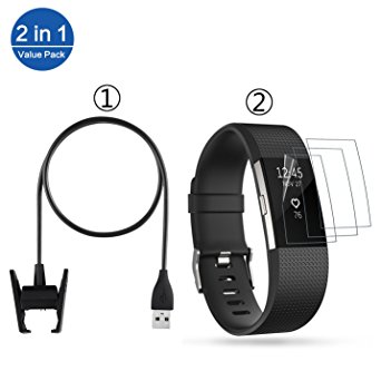 Fitbit Charge 2 USB/Charger, Fitbit Charge 2 Screen Protector, J&D [2-in-1] Value Kit for Fitbit Charge 2 Fitness Wristband
