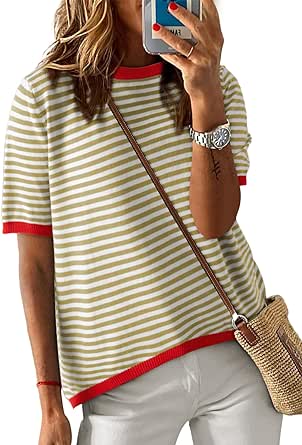 Dokotoo Womens Summer Tops Casual Crewneck Short Sleeve Striped Color Block Knitted High Low Trendy Pullover T Shirts Blouse