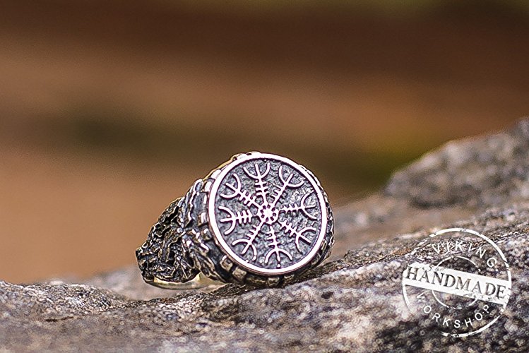 Helm of Awe Ring or Aegishjalmur Ring Runic Compass Sterling Silver Ring with Oak Leaves Viking Jewelry Norse Jewelry