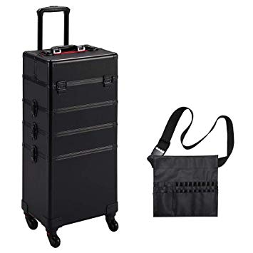 Yaheetech 4 in 1 Rolling Makeup Train Case - Aluminum 4-Wheel Cosmetic Trolley W/Lift Handle Makeup Brush Bag Christmas Gift Black