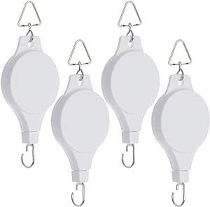 4 Pack Plant Pulley Retractable Hanger, Easy Reach Plant Pulley Adjustable Height Wheel for Hanging Plants Heavy Duty, Indoor Outdoor Plant Hanger for Garden Baskets Pots & Birds Feeder - White