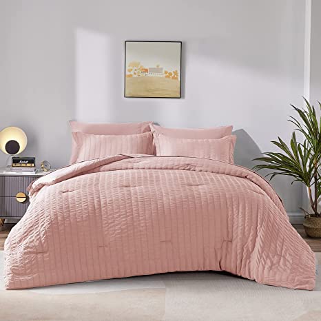 CozyLux King Seersucker Comforter Set with Sheets Pink Bed in a Bag 7-Pieces All Season Bedding Sets with Comforter, Pillow Sham, Flat Sheet, Fitted Sheet, Pillowcase