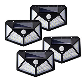 100 Led Solar Motion Sensor Lights Outdoor, Eicaus Wireless Weatherproof Solar Powered Lights for Steps Yard Garage Porch Patio, IP65 Waterproof with Wide Angle (4 Pack)