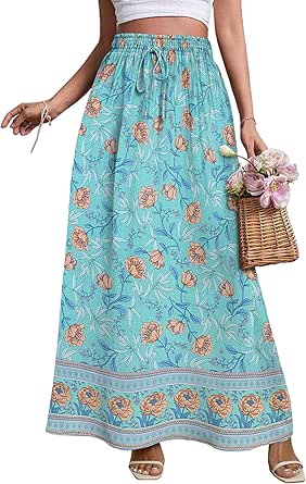 Zeagoo Women's 2024 Boho Floral Skirt Casual Elastic High Waist Maxi Skirts Flowy A Line Beach Long Skirt with Side Pockets