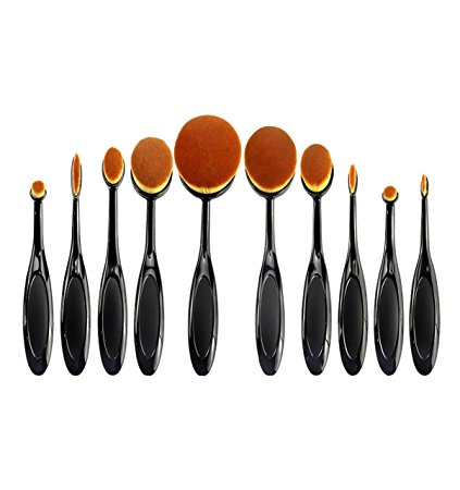 Professional Cosmetic Soft Oval Foundation 10 Pcs Sets Toothbrush Design Powder Makeup Brushes with Box (Black)