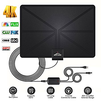 HDTV Antenna, BESTHING Indoor Amplified Digital TV Antenna 50 Mile Range with Detachable Amplifier Signal Booster, 13ft Coax Cable, USB Charger