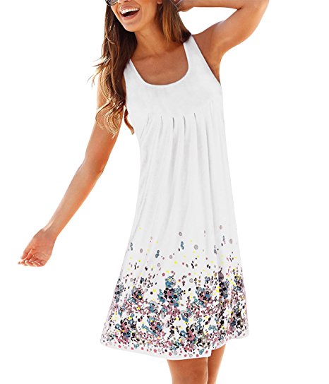 CadeVic Women's Casual Loose Floral Mini Print Pleated Sleeveless Sundress A-Line Beach Dress