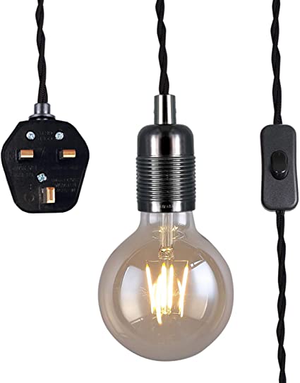 Black Pendant Light Fitting with Plug-in, Vintage Style Hanging Light KIT E27 Lamp Holder,4500MM Braided Twisted Cable with On/of Switch-KIT04BPG