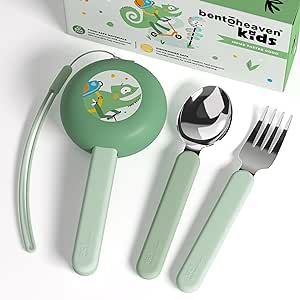 Bentoheaven Kids Travel Utensils with Case, Food-Grade Stainless Steel & BPA-Free Plastic, Travel Kid Cutlery Set, Dishwasher Safe Fork, Spoon & Case, Reusable Flatware, Silverware for Kids(Chameleon)