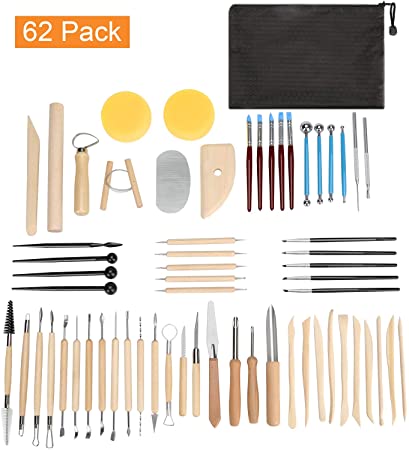 Blisstime Set of 62 Clay Tools,Pottery Sculpting Tool and Supplies, Wooden Handle and Metal Head Pottery Carving Tool Kit