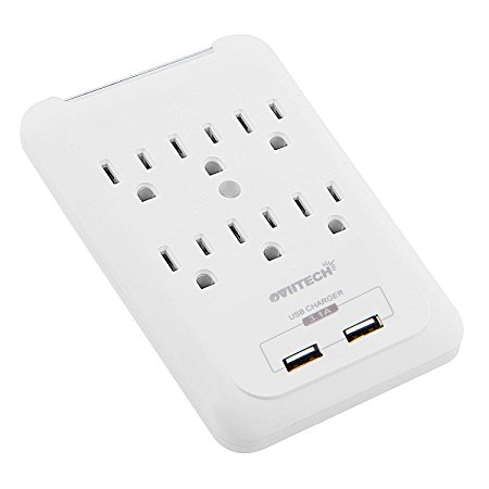 OviiTech Multi-function Wall Mount Adapter, Surge Protector Charging Station, Dual 3.1AMP USB Charging Ports,6 AC Socket Outlet Plugs,White (3.1Amp)