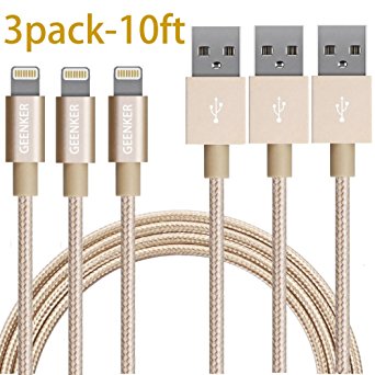 Lightning Cable, GEENKER 3Pack 10ft Nylon Braided 8pin Charging Cable Extra Long USB Cord for iphone se, 6s, 6s plus, 6plus, 6,5s 5c 5,iPad Mini, Air,iPad5,iPod on iOS9 - Gold