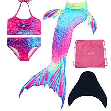 SAIANKE Mermaid Tails for Swimming,Grils Swimsuit with Monofin,5 Pcs Sets Swimmable Bathingsuit