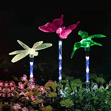 Outdoor Solar Garden LED Light – STERWELL Solar Powered Garden Stake Light Chameleon Multi-color Changing LED Light, with a White LED Light Stake, Pack of 3 (Hummingbird)