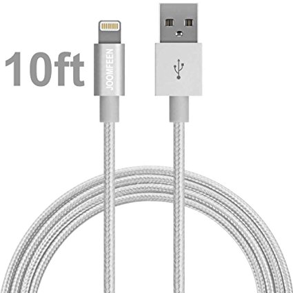 Lightning Cable, JOOMFEEN 10ft Nylon Braided Extra long 8pin USB Cord Cable Charger Wire For Apple iPhone se 6s 6s  6plus 6, 5s 5c 5, iPad Air mini 1/2/3, iPad 4, iPod 5, and iPod 7 - Silver