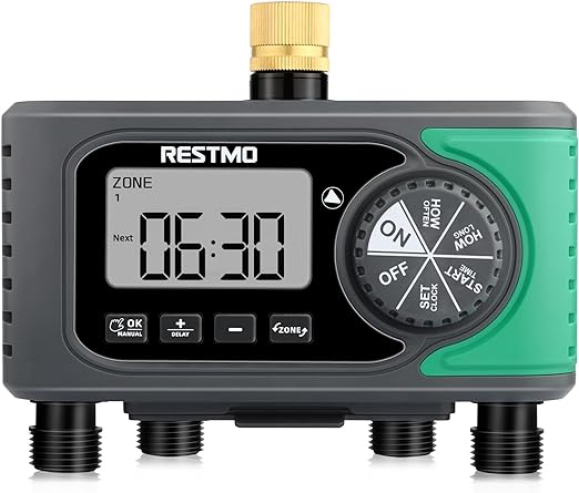 RESTMO 4-Outlet Sprinkler Timer, Programmable Watering Timer for Garden Hose, Outdoor Faucet, Drip Irrigation and Lawn Watering System, 4-Zone Digital Water Timer with Pure Brass Inlet