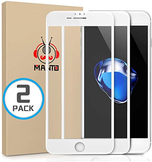 MANTO Screen Protector for iPhone 8 Plus 7 Plus 5.5-Inch Full Coverage Tempered Glass Film Edge to Edge Protection 2-Pack, White