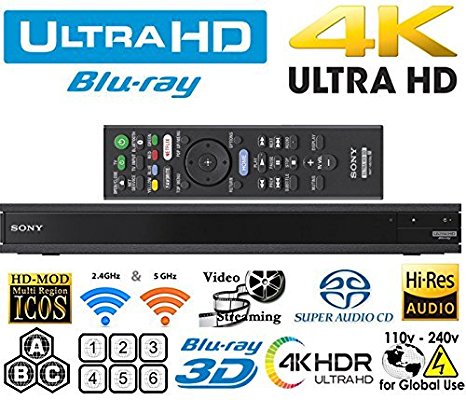 Sony Region Free UBP X800 4K Ultra HD Blu-ray Player UHD Multi Region Blu-ray DVD, Region Free Player 110-240 volts, HDMI Cable & Dynastar Plug Adapter Package