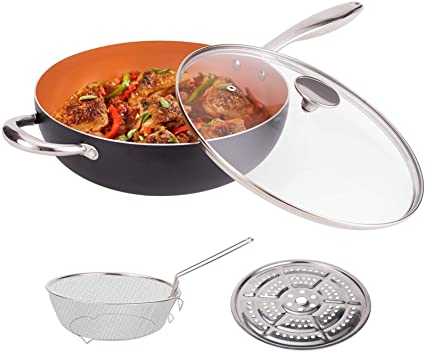 MICHELANGELO 5 Quart Non Stick Woks and Stir Fry Pans with Lid, Deep Frying Basket & Steaming Rack, Non Stick Ceramic Wok with Lid, Nonstick Copper Wok Pan with Lid, Copper Deep Frying Pan with Lid