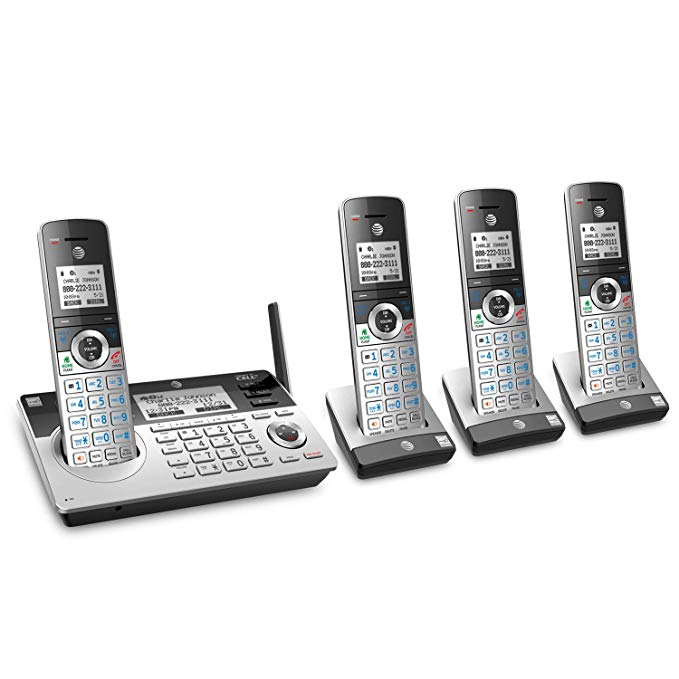 AT&T TL96477 DECT 6.0 Expandable Cordless Phone with Bluetooth Connect to Cell, Smart Call Blocker and Answering System, Silver/Black with 4 Handsets